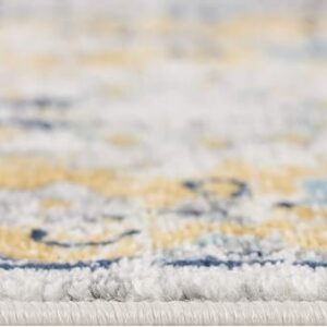 Close-up of textured yellow and blue carpet edge.