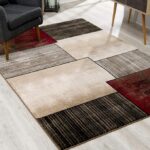 Modern area rug with geometric pattern on floor.