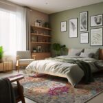 Cozy bedroom with artwork and colorful rug.