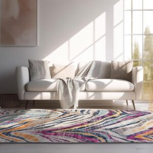 Modern living room with colorful abstract rug.