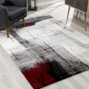 Abstract modern area rug with red accents