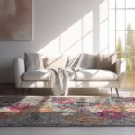 Modern living room with white sofa and colorful rug.