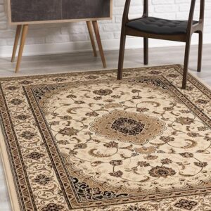 Beige patterned rug with chair and console table.