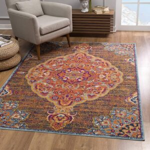 Orange patterned area rug in modern living room.