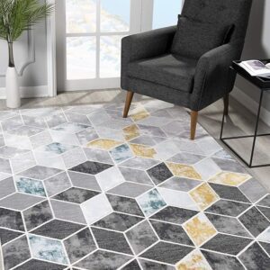 Modern geometric rug in stylish living room.