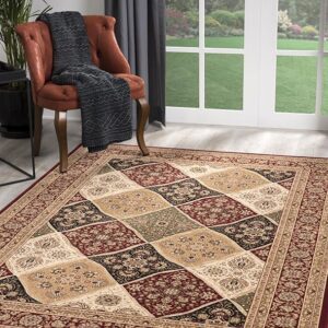 Elegant patterned rug in cozy living room setup.
