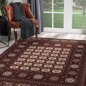 Elegant red patterned rug in cozy room setting.