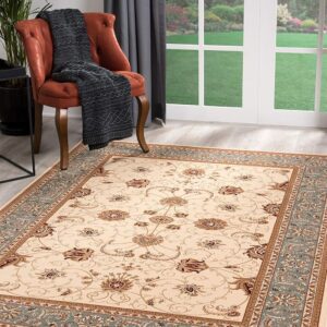 Elegant living room with rug and chair.