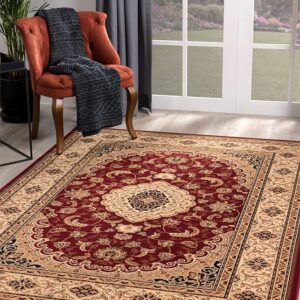 Elegant room with ornate red and beige rug.