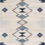 Geometric patterned rug with blue and gray design.