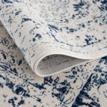 Blue and white patterned rug, close-up view