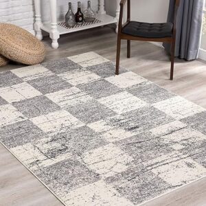 Gray and white checkered rug in modern room
