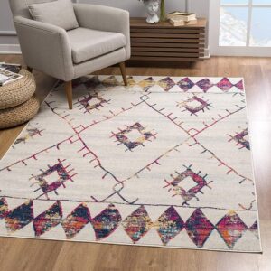Modern geometric patterned rug in cozy room setting.