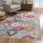 Colorful floral patterned rug in living room.