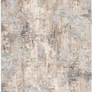 Abstract pattern beige and blue area rug.