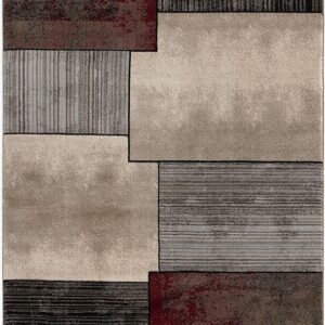Geometric rug with brown, red, and beige rectangles.