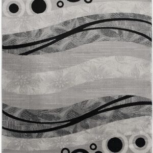 Abstract rug with geometric patterns and wavy lines.