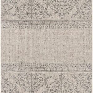 Beige rug with intricate floral patterns.