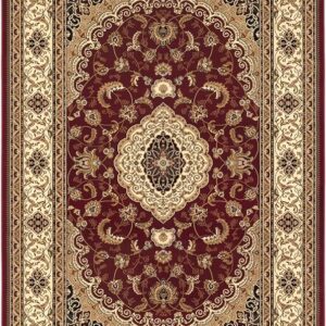 Ornate Persian rug with red and gold patterns.