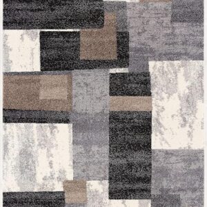 Abstract geometric pattern rug with gray, beige blocks.