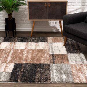 Geometric patterned rug in modern living room setting.