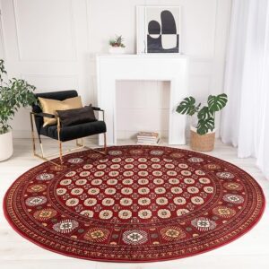 Cozy living room with red round patterned rug.