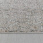 Gray patterned rug on wooden floor.