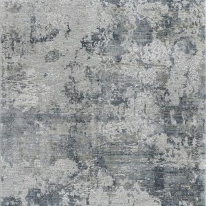 Abstract gray and blue textured rug design.