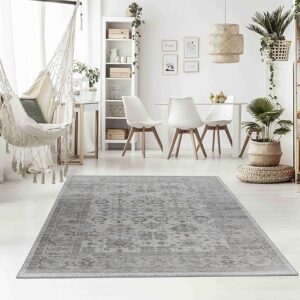 Bright room with rug, dining table, plants, and hammock.