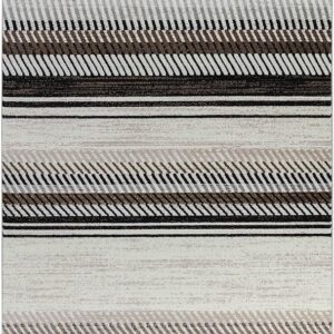 Abstract striped rug with brown and gray hues.