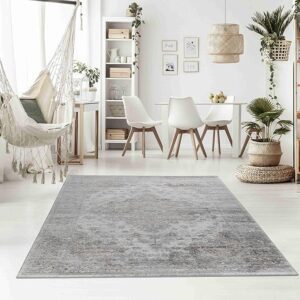 Modern living room with rug and hammock seating.