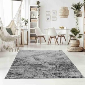 Modern living room with gray area rug and plants.