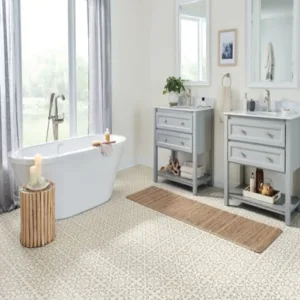 Modern bathroom with freestanding tub and dual sinks.