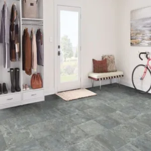 Cozy mudroom with bike and bench near doorway.
