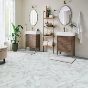 Modern bathroom with dual sinks and mirrors