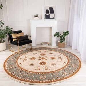 Elegant living room with round decorative rug.