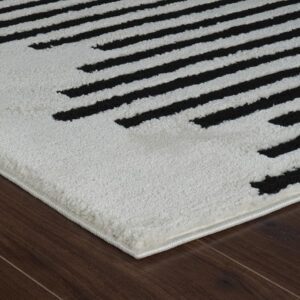 Striped rug on wooden floor