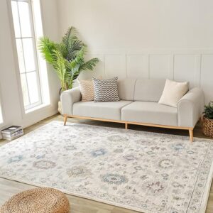 Modern living room with sofa, rug, and plants.