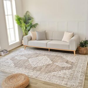 Modern living room with sofa and decorative rug.