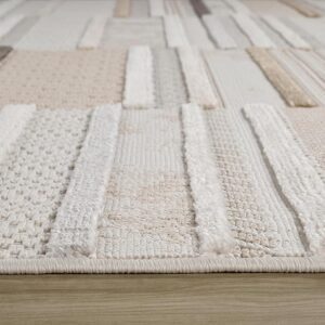 Close-up of textured beige carpet on wood floor.