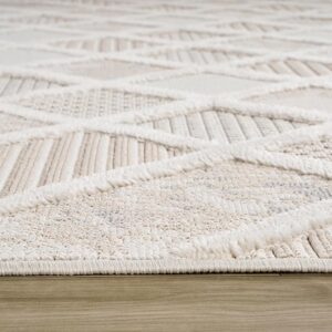 Textured beige carpet with geometric patterns.