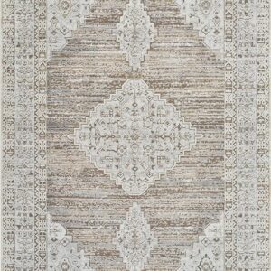 Intricate beige and white vintage patterned rug design.