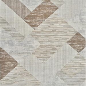 Beige geometric pattern carpet with lines and shapes.