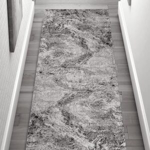 Gray hallway rug with abstract pattern on wood floor.