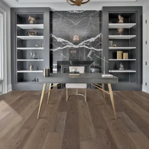 Modern home office with wooden floor.
