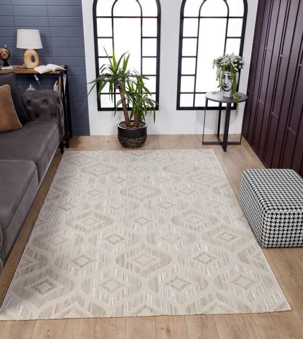 Modern living room with geometric patterned rug.