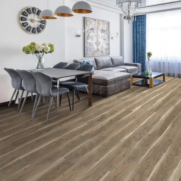 Modern living room with dining area and wood flooring.