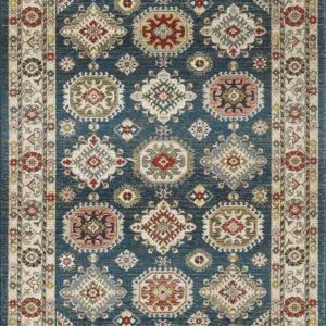 Intricate blue oriental rug with floral designs.