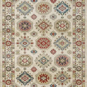 Colorful geometric patterned area rug.