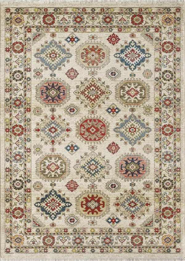 Colorful geometric patterned area rug.